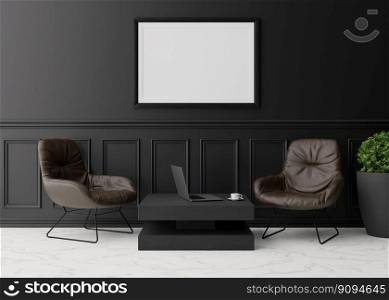 Empty horizontal picture frame on black wall in modern living room. Mock up interior in classic style. Free space, copy space for your picture. Brown leather armchairs, table, plant. 3D rendering. Empty horizontal picture frame on black wall in modern living room. Mock up interior in classic style. Free space, copy space for your picture. Brown leather armchairs, table, plant. 3D rendering.