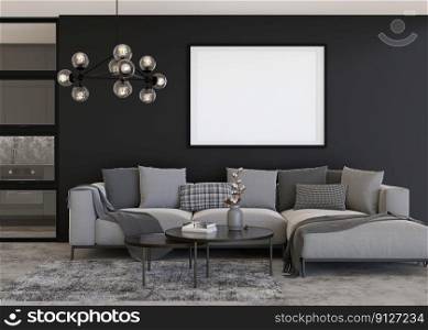 Empty horizontal picture frame on black wall in modern living room. Mock up interior in contemporary, loft style. Free, copy space for your picture, poster. Sofa, carpet, l&. 3D rendering. Empty horizontal picture frame on black wall in modern living room. Mock up interior in contemporary, loft style. Free, copy space for your picture, poster. Sofa, carpet, l&. 3D rendering.