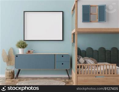 Empty horizontal picture frame on blue wall in modern child room. Mock up interior in contemporary, scandinavian style. Free, copy space for picture. Bed, toys. Cozy room for kids. 3D rendering. Empty horizontal picture frame on blue wall in modern child room. Mock up interior in contemporary, scandinavian style. Free, copy space for picture. Bed, toys. Cozy room for kids. 3D rendering.