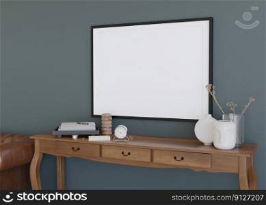 Empty horizontal picture frame on blue wall in modern living room. Mock up interior in contemporary, classic style. Free, copy space for your picture. Close up view. 3D rendering. Empty horizontal picture frame on blue wall in modern living room. Mock up interior in contemporary, classic style. Free, copy space for your picture. Close up view. 3D rendering.