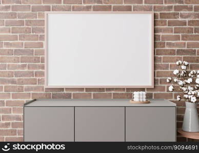 Empty horizontal picture frame on brown brick wall in modern living room. Mock up interior in minimalist, contemporary style. Free space for your picture, poster. Console, cotton plant. 3D rendering. Empty horizontal picture frame on brown brick wall in modern living room. Mock up interior in minimalist, contemporary style. Free space for your picture, poster. Console, cotton plant. 3D rendering.