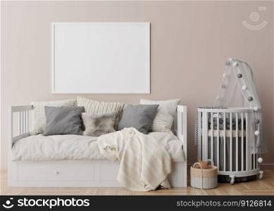 Empty horizontal picture frame on brown wall in modern child room. Mock up interior in scandinavian style. Free, copy space for your picture. Bed, toys. Cozy room for kids. 3D rendering. Empty horizontal picture frame on brown wall in modern child room. Mock up interior in scandinavian style. Free, copy space for your picture. Bed, toys. Cozy room for kids. 3D rendering.