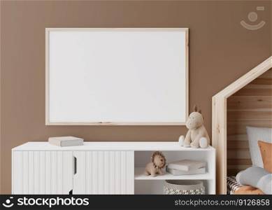 Empty horizontal picture frame on brown wall in modern child room. Mock up interior in scandinavian style. Free, copy space for your picture, poster. Close up view. Cozy room for kids. 3D rendering. Empty horizontal picture frame on brown wall in modern child room. Mock up interior in scandinavian style. Free, copy space for your picture, poster. Close up view. Cozy room for kids. 3D rendering.