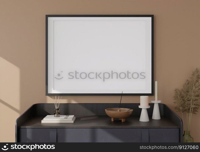 Empty horizontal picture frame on brown wall in modern living room. Mock up interior in contemporary style. Free, copy space for picture, poster. Console, pampas grass. Close up view. 3D rendering. Empty horizontal picture frame on brown wall in modern living room. Mock up interior in contemporary style. Free, copy space for picture, poster. Console, pampas grass. Close up view. 3D rendering.