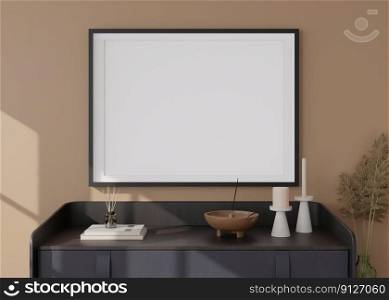 Empty horizontal picture frame on brown wall in modern living room. Mock up interior in contemporary style. Free, copy space for picture, poster. Console, pampas grass. Close up view. 3D rendering. Empty horizontal picture frame on brown wall in modern living room. Mock up interior in contemporary style. Free, copy space for picture, poster. Console, pampas grass. Close up view. 3D rendering.