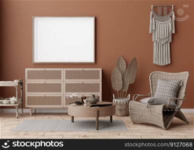 Empty horizontal picture frame on brown wall in modern living room. Mock up interior in boho style. Free, copy space for your picture, poster. Rattan armchair, macrame, parquet floor. 3D rendering. Empty horizontal picture frame on brown wall in modern living room. Mock up interior in boho style. Free, copy space for your picture, poster. Rattan armchair, macrame, parquet floor. 3D rendering.