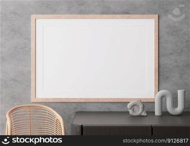 Empty horizontal picture frame on concrete wall in modern living room. Mock up interior in minimalist, contemporary style. Free space for your picture, poster. Console, sculptures. 3D rendering. Empty horizontal picture frame on concrete wall in modern living room. Mock up interior in minimalist, contemporary style. Free space for your picture, poster. Console, sculptures. 3D rendering.