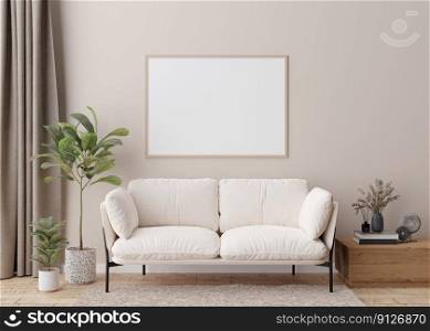 Empty horizontal picture frame on cream wall in modern living room. Mock up interior in scandinavian style. Free, copy space for your picture, poster. Sofa, table, dried grass, books. 3D rendering. Empty horizontal picture frame on cream wall in modern living room. Mock up interior in scandinavian style. Free, copy space for your picture, poster. Sofa, table, dried grass, books. 3D rendering.