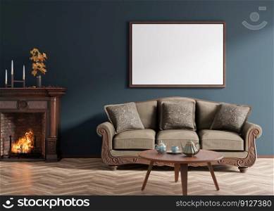 Empty horizontal picture frame on dark blue wall in modern living room. Mock up interior in classic style. Empty, copy space for your picture, poster. Sofa, table, parquet floor, fireplace. 3D render. Empty horizontal picture frame on dark blue wall in modern living room. Mock up interior in classic style. Empty, copy space for your picture, poster. Sofa, table, parquet floor, fireplace. 3D render.