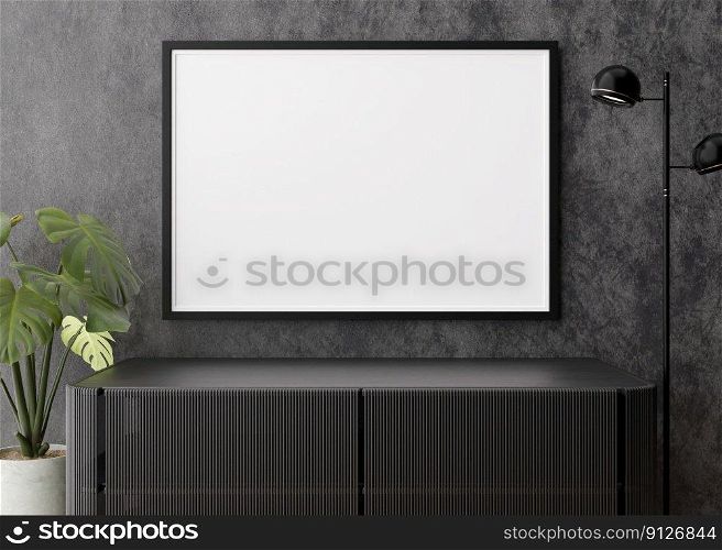 Empty horizontal picture frame on dark wall in modern living room. Mock up interior in contemporary style. Free, copy space for your picture, poster. Console, lamp, monstera plant. 3D rendering. Empty horizontal picture frame on dark wall in modern living room. Mock up interior in contemporary style. Free, copy space for your picture, poster. Console, lamp, monstera plant. 3D rendering.