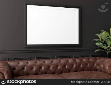 Empty horizontal picture frame on dark wall in modern living room. Mock up interior in contemporary style. Free, copy space for your picture, poster. Brown leather sofa, plant. 3D rendering. Empty horizontal picture frame on dark wall in modern living room. Mock up interior in contemporary style. Free, copy space for your picture, poster. Brown leather sofa, plant. 3D rendering.