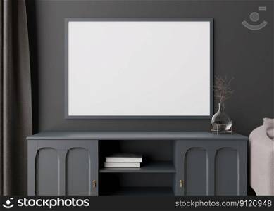 Empty horizontal picture frame on dark wall in modern living room. Mock up interior in contemporary style. Free, copy space for your picture, poster. Console, glass vase. 3D rendering. Empty horizontal picture frame on dark wall in modern living room. Mock up interior in contemporary style. Free, copy space for your picture, poster. Console, glass vase. 3D rendering.