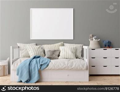 Empty horizontal picture frame on gray wall in modern child room. Mock up interior in scandinavian style. Free, copy space for your picture. Bed, console, toys. Cozy room for kids. 3D rendering. Empty horizontal picture frame on gray wall in modern child room. Mock up interior in scandinavian style. Free, copy space for your picture. Bed, console, toys. Cozy room for kids. 3D rendering.