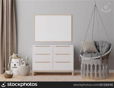 Empty horizontal picture frame on gray wall in modern child room. Mock up interior in scandinavian style. Free, copy space for your picture, poster. Hanging armchair. Cozy room for kids. 3D rendering. Empty horizontal picture frame on gray wall in modern child room. Mock up interior in scandinavian style. Free, copy space for your picture, poster. Hanging armchair. Cozy room for kids. 3D rendering.