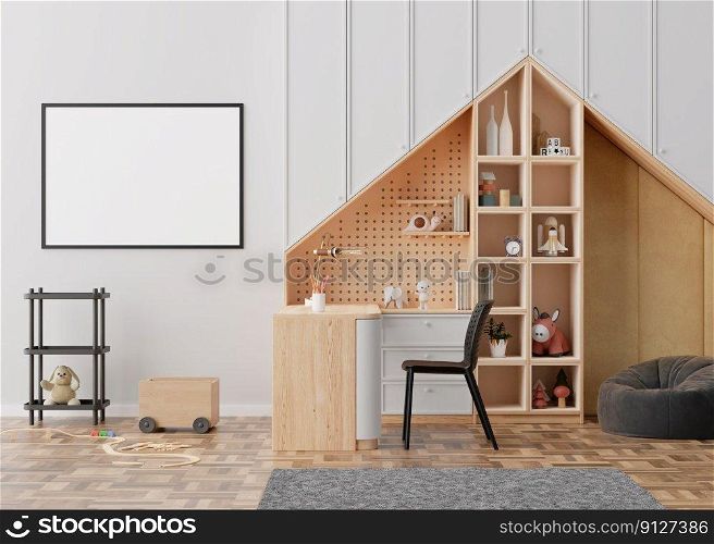 Empty horizontal picture frame on gray wall in modern child room. Mock up interior in contemporary, scandinavian style. Free, copy space for picture. Desk, toys. Cozy room for kids. 3D rendering. Empty horizontal picture frame on gray wall in modern child room. Mock up interior in contemporary, scandinavian style. Free, copy space for picture. Desk, toys. Cozy room for kids. 3D rendering.