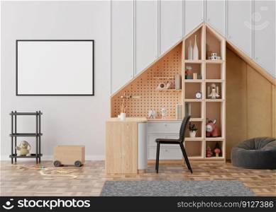 Empty horizontal picture frame on gray wall in modern child room. Mock up interior in contemporary, scandinavian style. Free, copy space for picture. Desk, toys. Cozy room for kids. 3D rendering. Empty horizontal picture frame on gray wall in modern child room. Mock up interior in contemporary, scandinavian style. Free, copy space for picture. Desk, toys. Cozy room for kids. 3D rendering.