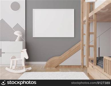 Empty horizontal picture frame on gray wall in modern child room. Mock up interior in contemporary, scandinavian style. Free, copy space for picture. Bed, toys. Cozy room for kids. 3D rendering. Empty horizontal picture frame on gray wall in modern child room. Mock up interior in contemporary, scandinavian style. Free, copy space for picture. Bed, toys. Cozy room for kids. 3D rendering.