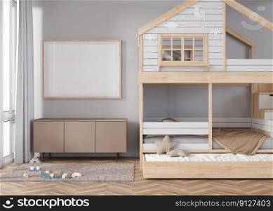 Empty horizontal picture frame on gray wall in modern child room. Mock up interior in contemporary, scandinavian style. Free, copy space for picture. Bed, toys. Cozy room for kids. 3D rendering. Empty horizontal picture frame on gray wall in modern child room. Mock up interior in contemporary, scandinavian style. Free, copy space for picture. Bed, toys. Cozy room for kids. 3D rendering.