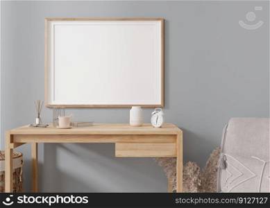 Empty horizontal picture frame on gray wall in modern living room. Mock up interior in contemporary style. Copy space for your picture, poster. Template for your artwork. Wooden table. 3D render. Empty horizontal picture frame on gray wall in modern living room. Mock up interior in contemporary style. Copy space for your picture, poster. Template for your artwork. Wooden table, vase. 3D render