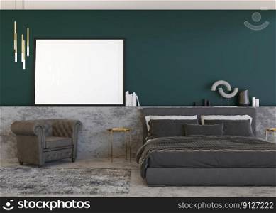 Empty horizontal picture frame on green wall in modern bedroom. Mock up interior in contemporary style. Free, copy space for your picture, poster. Bed, carpet, l&. 3D rendering. Empty horizontal picture frame on green wall in modern bedroom. Mock up interior in contemporary style. Free, copy space for your picture, poster. Bed, carpet, l&. 3D rendering.
