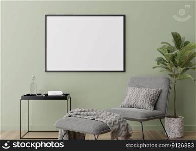 Empty horizontal picture frame on green wall in modern living room. Mock up interior in contemporary style. Free, copy space for your picture, poster. Armchair, plant, parquet floor. 3D rendering. Empty horizontal picture frame on green wall in modern living room. Mock up interior in contemporary style. Free, copy space for your picture, poster. Armchair, plant, parquet floor. 3D rendering.