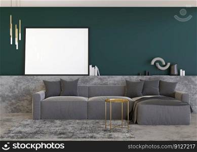 Empty horizontal picture frame on green wall in modern living room. Mock up interior in contemporary style. Free, copy space for your picture, poster. Sofa, carpet, l&. 3D rendering. Empty horizontal picture frame on green wall in modern living room. Mock up interior in contemporary style. Free, copy space for your picture, poster. Sofa, carpet, l&. 3D rendering.