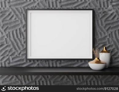 Empty horizontal picture frame on grey wall in modern living room. Mock up interior in contemporary style. Free, copy space for picture, poster. Close up. 3D rendering. Empty horizontal picture frame on grey wall in modern living room. Mock up interior in contemporary style. Free, copy space for picture, poster. Close up. 3D rendering.