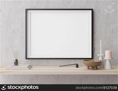 Empty horizontal picture frame on grey wall in modern living room. Mock up interior in contemporary style. Free, copy space for picture, poster. Close up. 3D rendering. Empty horizontal picture frame on grey wall in modern living room. Mock up interior in contemporary style. Free, copy space for picture, poster. Close up. 3D rendering.