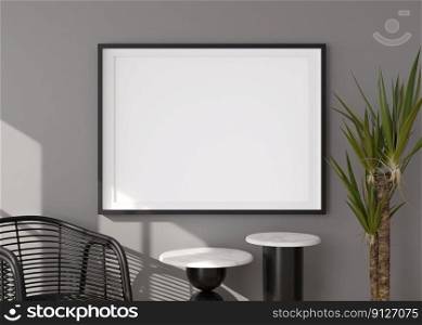 Empty horizontal picture frame on grey wall in modern living room. Mock up interior in contemporary style. Free, copy space for picture, poster. Chair, table, plant. Close up. 3D rendering. Empty horizontal picture frame on grey wall in modern living room. Mock up interior in contemporary style. Free, copy space for picture, poster. Chair, table, plant. Close up. 3D rendering.