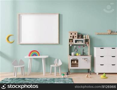 Empty horizontal picture frame on mint blue wall in modern child room. Mock up interior in scandinavian style. Free, copy space for picture. Table with chairs, toys. Cozy room for kids. 3D rendering. Empty horizontal picture frame on mint blue wall in modern child room. Mock up interior in scandinavian style. Free, copy space for picture. Table with chairs, toys. Cozy room for kids. 3D rendering.