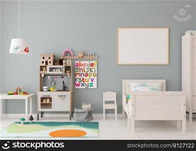 Empty horizontal picture frame on the wall in modern child room. Mock up interior in contemporary, scandinavian style. Free, copy space for picture. Bed, toys. Cozy room for kids. 3D rendering. Empty horizontal picture frame on the wall in modern child room. Mock up interior in contemporary, scandinavian style. Free, copy space for picture. Bed, toys. Cozy room for kids. 3D rendering.