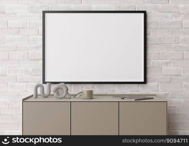 Empty horizontal picture frame on white brick wall in modern living room. Mock up interior in minimalist, contemporary style. Free space for your picture, poster. Console, sculptures. 3D rendering. Empty horizontal picture frame on white brick wall in modern living room. Mock up interior in minimalist, contemporary style. Free space for your picture, poster. Console, sculptures. 3D rendering.