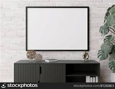 Empty horizontal picture frame on white brick wall in modern living room. Mock up interior in minimalist, scandinavian style. Free, copy space for picture, poster. Console, sculptures. 3D rendering. Empty horizontal picture frame on white brick wall in modern living room. Mock up interior in minimalist, scandinavian style. Free, copy space for picture, poster. Console, sculptures. 3D rendering.