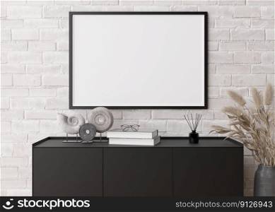 Empty horizontal picture frame on white brick wall in modern living room. Mock up interior in contemporary style. Free, copy space for picture, poster. Console, sculptures, p&as grass. 3D rendering. Empty horizontal picture frame on white brick wall in modern living room. Mock up interior in contemporary style. Free, copy space for picture, poster. Console, sculptures, p&as grass. 3D rendering.