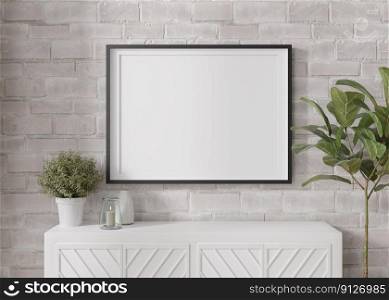 Empty horizontal picture frame on white brick wall in modern living room. Mock up interior in minimalist, contemporary style. Free space for your picture, poster. Console, candle, plant. 3D rendering. Empty horizontal picture frame on white brick wall in modern living room. Mock up interior in minimalist, contemporary style. Free space for your picture, poster. Console, candle, plant. 3D rendering.