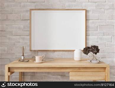 Empty horizontal picture frame on white brick wall in modern living room. Mock up interior in minimalist, contemporary style. Free space for your picture, poster. Wooden table, vase. 3D rendering. Empty horizontal picture frame on white brick wall in modern living room. Mock up interior in minimalist, contemporary style. Free space for your picture, poster. Wooden table, vase. 3D rendering.