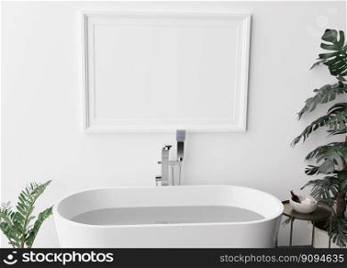 Empty horizontal picture frame on white wall in modern and luxury bathroom. Mock up interior in contemporary style. Free space, copy space for your picture, poster. Bath, table, plants. 3D rendering. Empty horizontal picture frame on white wall in modern and luxury bathroom. Mock up interior in contemporary style. Free space, copy space for your picture, poster. Bath, table, plants. 3D rendering.