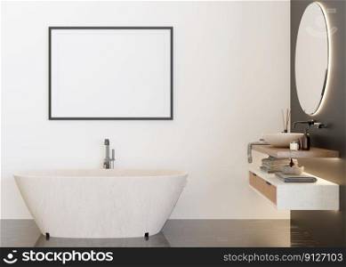 Empty horizontal picture frame on white wall in modern and luxury bathroom. Mock up interior in contemporary style. Free, copy space for your picture, poster, artwork. Bath, washbasin. 3D rendering. Empty horizontal picture frame on white wall in modern and luxury bathroom. Mock up interior in contemporary style. Free, copy space for your picture, poster, artwork. Bath, washbasin. 3D rendering.