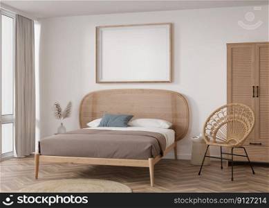 Empty horizontal picture frame on white wall in modern bedroom. Mock up interior in boho style. Free, copy space for your picture, poster. Bed, rattan armchair, p&as grass. 3D rendering. Empty horizontal picture frame on white wall in modern bedroom. Mock up interior in boho style. Free, copy space for your picture, poster. Bed, rattan armchair, p&as grass. 3D rendering.