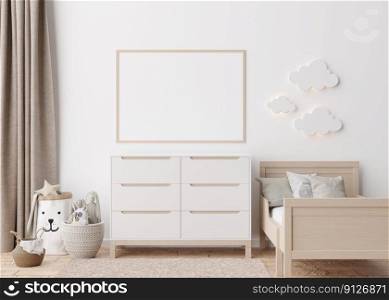Empty horizontal picture frame on white wall in modern child room. Mock up interior in scandinavian style. Free, copy space for your picture. Bed, console, toys. Cozy room for kids. 3D rendering. Empty horizontal picture frame on white wall in modern child room. Mock up interior in scandinavian style. Free, copy space for your picture. Bed, console, toys. Cozy room for kids. 3D rendering.