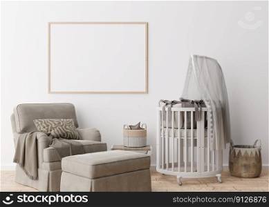 Empty horizontal picture frame on white wall in modern child room. Mock up interior in scandinavian style. Free, copy space for your picture. Baby bed, armchair. Cozy room for kids. 3D rendering. Empty horizontal picture frame on white wall in modern child room. Mock up interior in scandinavian style. Free, copy space for your picture. Baby bed, armchair. Cozy room for kids. 3D rendering.