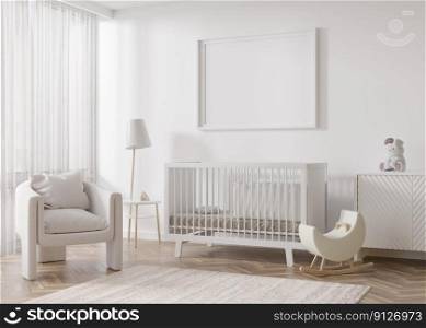 Empty horizontal picture frame on white wall in modern child room. Mock up interior in scandinavian style. Free, copy space for picture. Bed, armchair, toys. Cozy room for kids. 3D rendering. Empty horizontal picture frame on white wall in modern child room. Mock up interior in scandinavian style. Free, copy space for picture. Bed, armchair, toys. Cozy room for kids. 3D rendering.