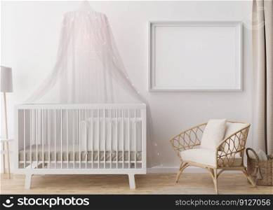 Empty horizontal picture frame on white wall in modern child room. Mock up interior in scandinavian style. Free, copy space for picture. Baby bed, rattan armchair. Cozy room for kids. 3D rendering. Empty horizontal picture frame on white wall in modern child room. Mock up interior in scandinavian style. Free, copy space for picture. Baby bed, rattan armchair. Cozy room for kids. 3D rendering.