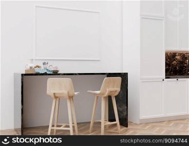 Empty horizontal picture frame on white wall in modern kitchen. Mock up interior in minimalist, contemporary style. Free space, copy space for your picture, poster. Table, chairs. 3D rendering. Empty horizontal picture frame on white wall in modern kitchen. Mock up interior in minimalist, contemporary style. Free space, copy space for your picture, poster. Table, chairs. 3D rendering.