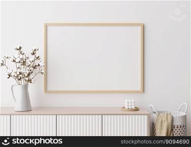 Empty horizontal picture frame on white wall in modern living room. Mock up interior in minimalist, contemporary style. Free space for your picture, poster. Console, cotton plant. 3D rendering. Empty horizontal picture frame on white wall in modern living room. Mock up interior in minimalist, contemporary style. Free space for your picture, poster. Console, cotton plant. 3D rendering.