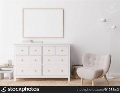 Empty horizontal picture frame on white wall in modern living room. Mock up interior in scandinavian style. Free, copy space for your picture, poster. Armchair, sideboard, lamp, books. 3D rendering. Empty horizontal picture frame on white wall in modern living room. Mock up interior in scandinavian style. Free, copy space for your picture, poster. Armchair, sideboard, lamp, books. 3D rendering.