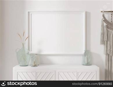 Empty horizontal picture frame on white wall in modern living room. Mockup interior in minimalist, contemporary style. Free space for your picture. Console, dried grass in vase, macrame. 3D rendering. Empty horizontal picture frame on white wall in modern living room. Mock up interior in minimalist, contemporary style. Free space for your picture. Console, dried grass in vase, macrame. 3D rendering