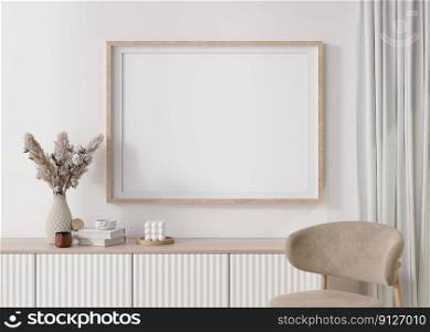Empty horizontal picture frame on white wall in modern living room. Mock up interior in minimalist, contemporary style. Free space for your picture, poster. Console, pampas grass, vase. 3D rendering. Empty horizontal picture frame on white wall in modern living room. Mock up interior in minimalist, contemporary style. Free space for your picture, poster. Console, pampas grass in vase. 3D rendering