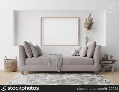 Empty horizontal picture frame on white wall in modern living room. Mock up interior in boho style. Free, copy space for your picture, poster. Rattan basket, p&as grass, wooden floor. 3D rendering. Empty horizontal picture frame on white wall in modern living room. Mock up interior in boho style. Free, copy space for your picture, poster. Rattan basket, p&as grass, wooden floor. 3D rendering.