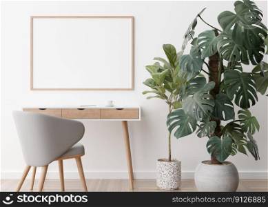 Empty horizontal picture frame on white wall in modern room. Mock up interior in contemporary style. Free space, copy space for your picture, poster. Desk, chair, plants, parquet floor. 3D rendering. Empty horizontal picture frame on white wall in modern room. Mock up interior in contemporary style. Free space, copy space for your picture, poster. Desk, chair, plants, parquet floor. 3D rendering.